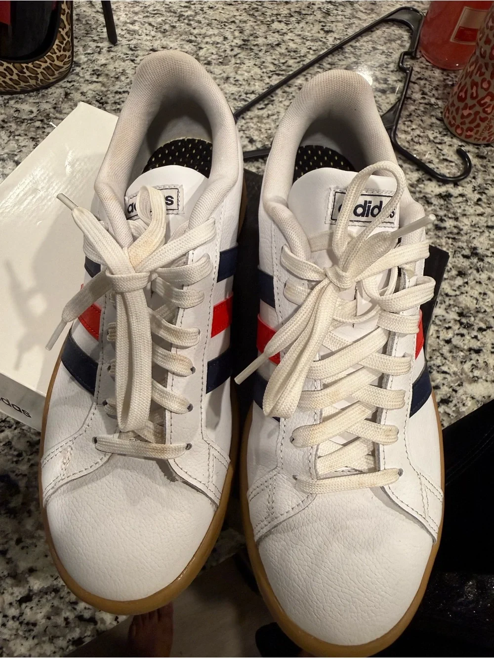 adidas White Sneakers with Navy & Red Stripes